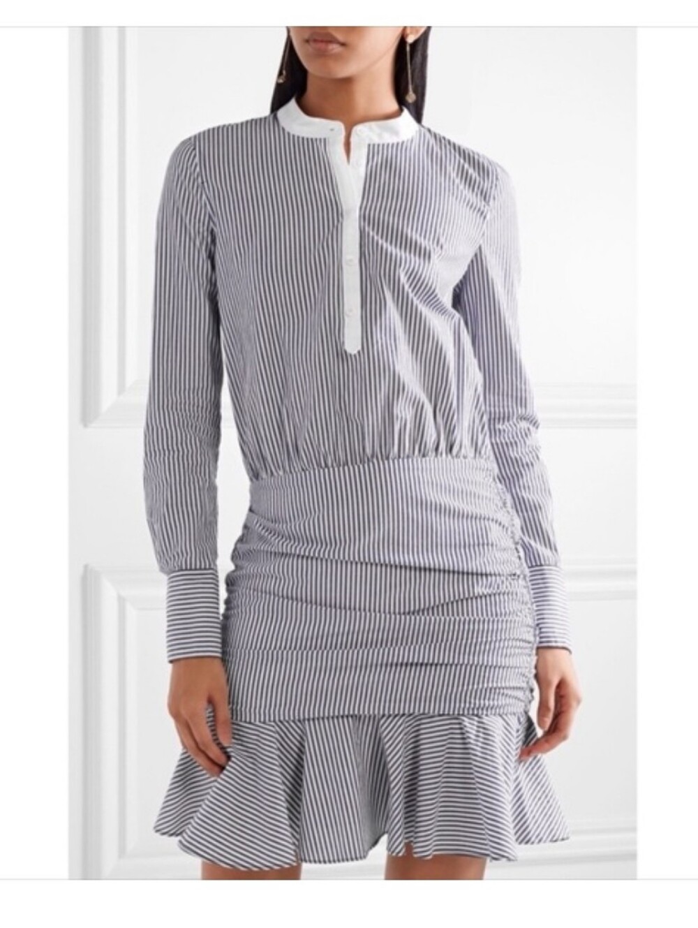 Veronica Beard Everett Pinstripe Ruched Long Sleeve Cotton Dress Size XS EUC